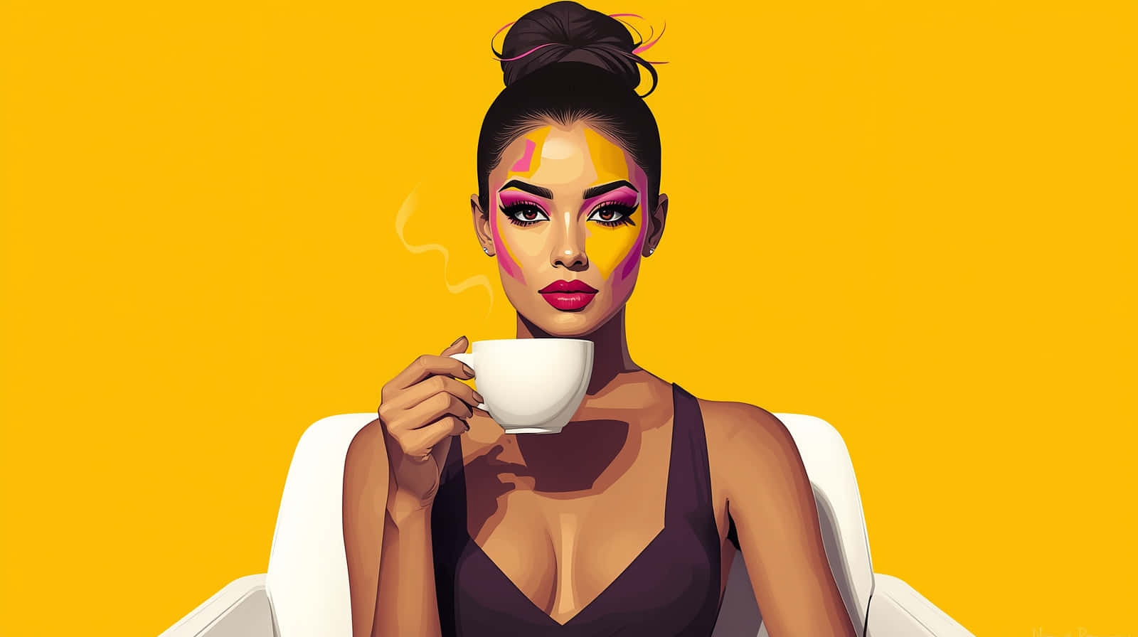 Stunning Woman with Coffee and Abstract Face Art Wallpaper 壁紙 — 一位風格化的女性，臉上塗著鮮豔的顏料，在搶眼的黃色背景前啜飲咖啡。