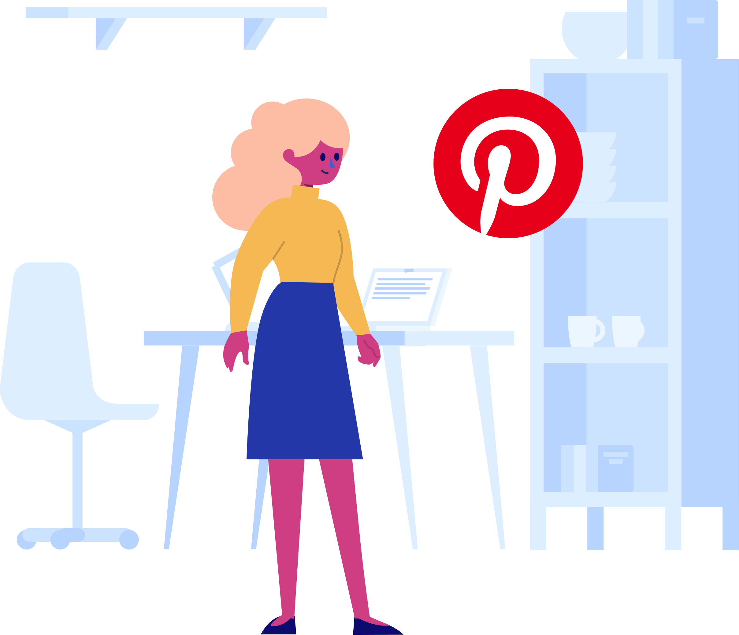 Pinterest 桌布 壁紙 — 一位風格化的女性，身穿黃色上衣和藍色裙子，站在一張桌子旁，桌上有一台筆記型電腦，旁邊有發光的Pinterest標誌。