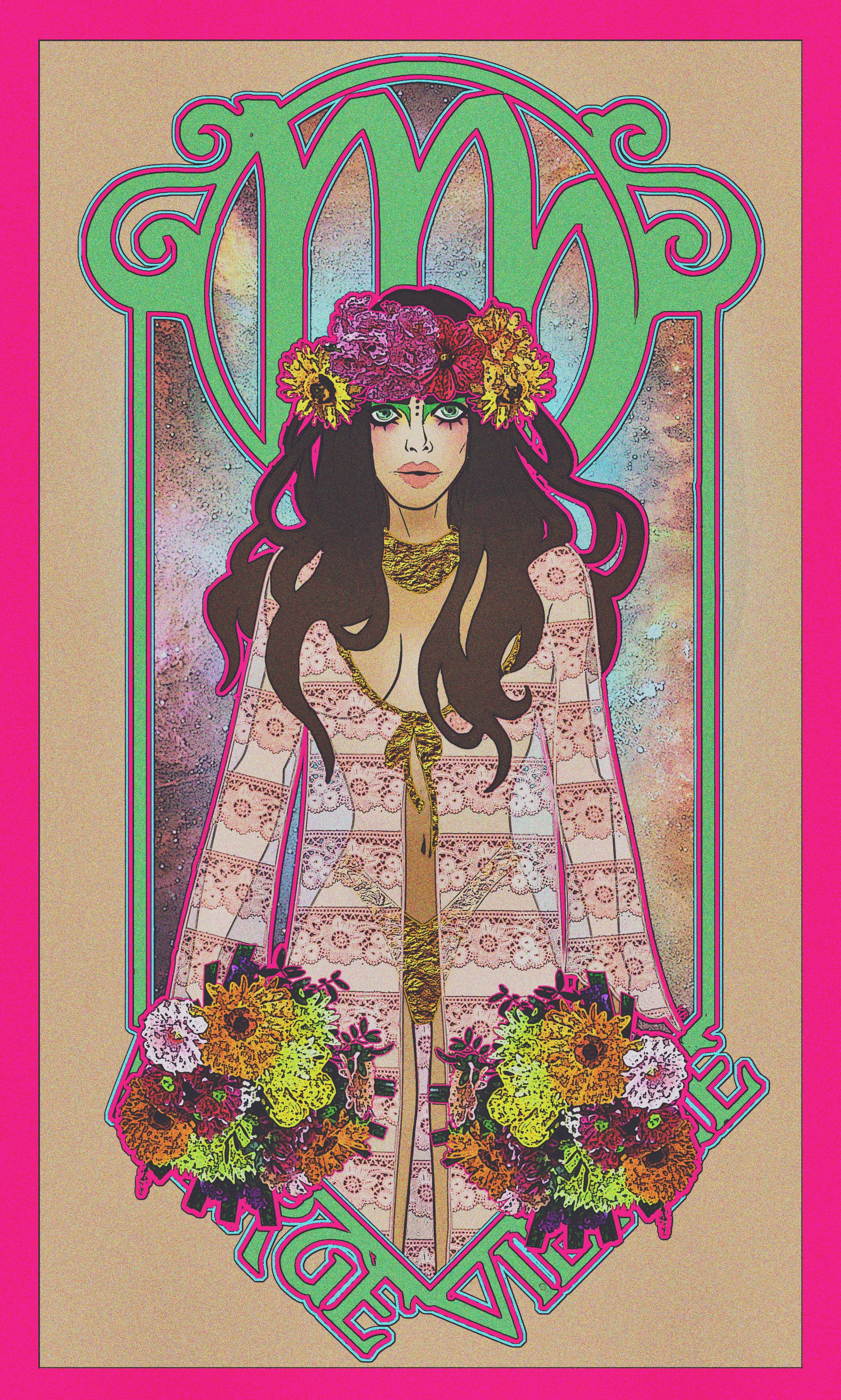 zodiac 桌布 壁紙 — 一位風格化的女性，頭戴花冠，身穿圖案長袍，以裝飾性綠色新藝術風格邊框框住，背景為粉紅色。