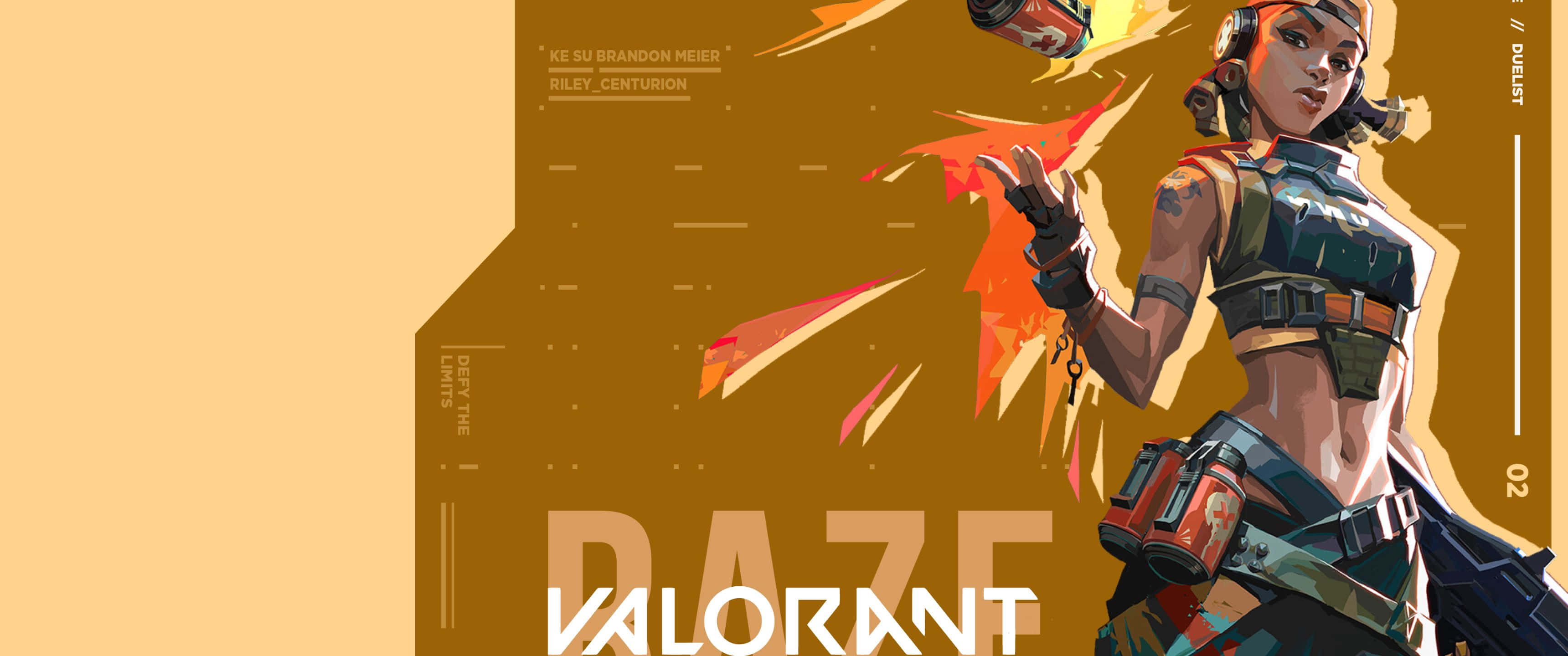 電玩遊戲 桌布 壁紙 — 一位風格化的女性Valorant特務身穿戰鬥裝備，在溫暖的橙色背景上以動態運動線條投擲手榴彈。