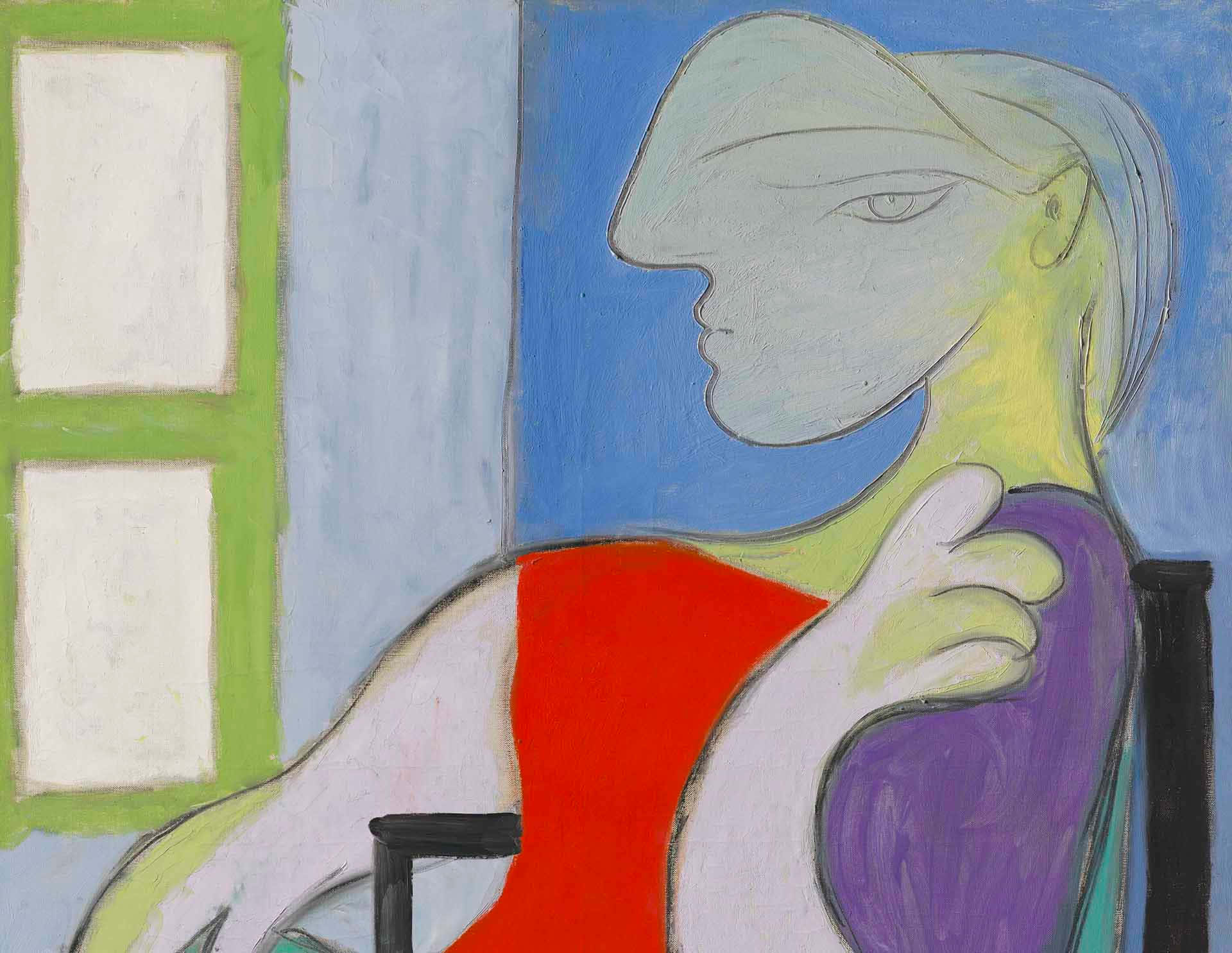 Picasso 桌布 壁紙 — 一位風格化的女性側面坐在綠色窗框旁，她的臉和身體以紅色、紫色和藍色的鮮明抽象形狀呈現。