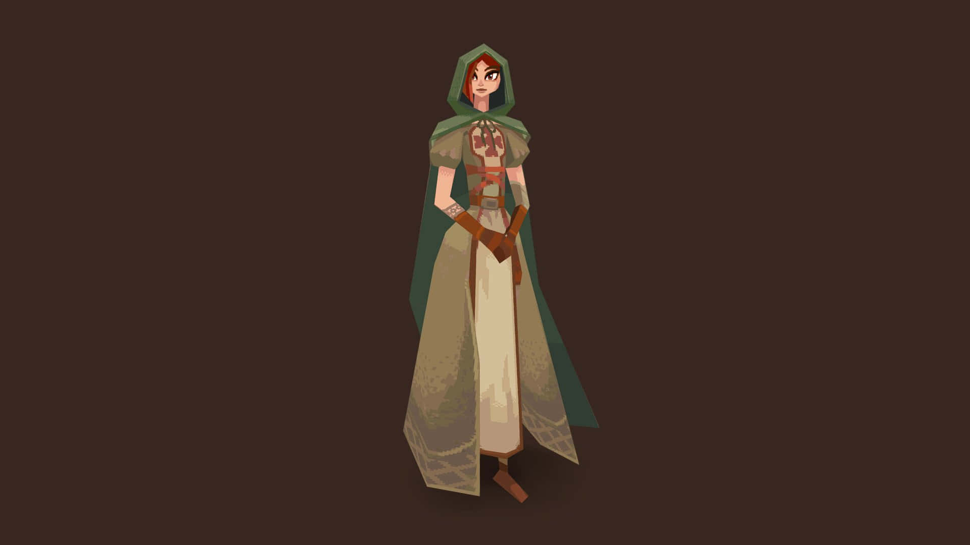Dark Souls Emerald Herald 桌布 壁紙 — 一位風格化的女性冒險家，身穿綠色連帽斗篷和米色上衣，站在純棕色背景前。