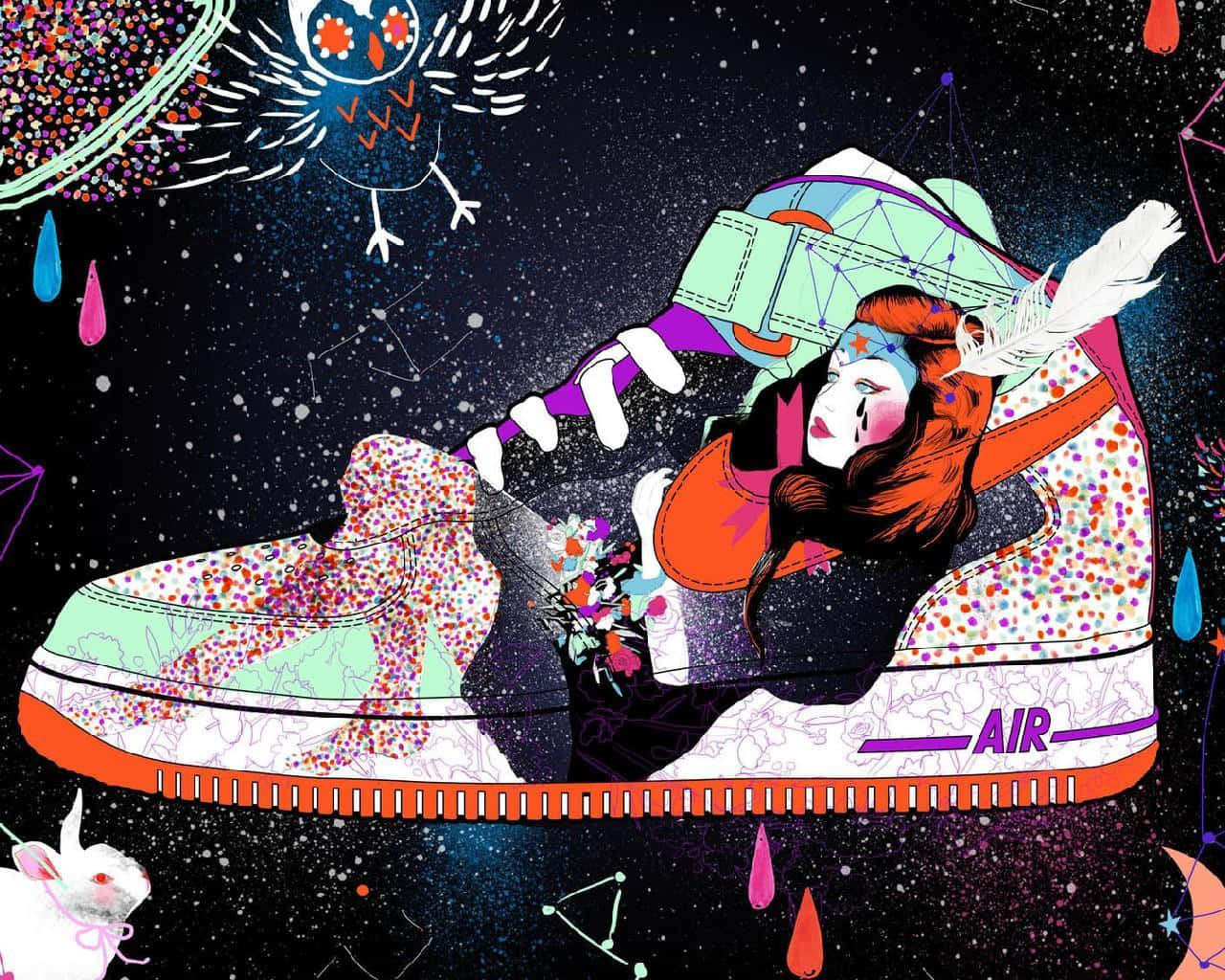 Cool Swag 桌布 壁紙 — 一位風格化的女性在一個巨大的運動鞋內休息，背景是宇宙，有星星、星座和漂浮的貓頭鷹。