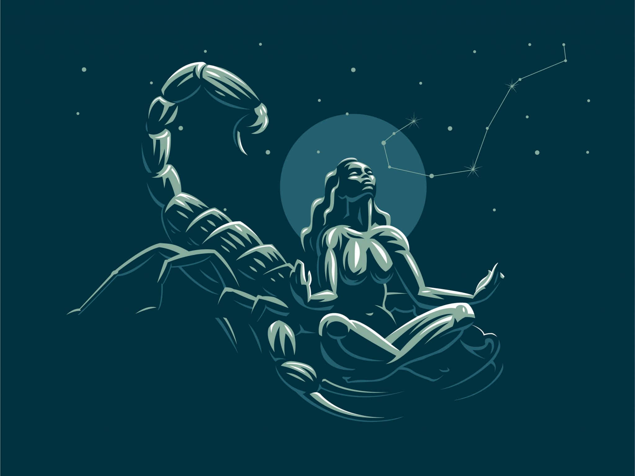 Scorpio 桌布 壁紙 — 一位風格化的女性在天蠍座上冥想，背景是星空夜空，有發光的月亮和星座。