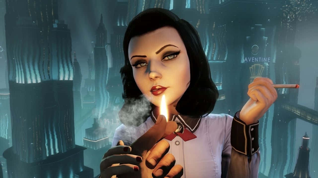 Best Bioshock Infinite 桌布 壁紙 — 一位風格化的女性在未來城市燈光下抽煙，同時拿著打火機。