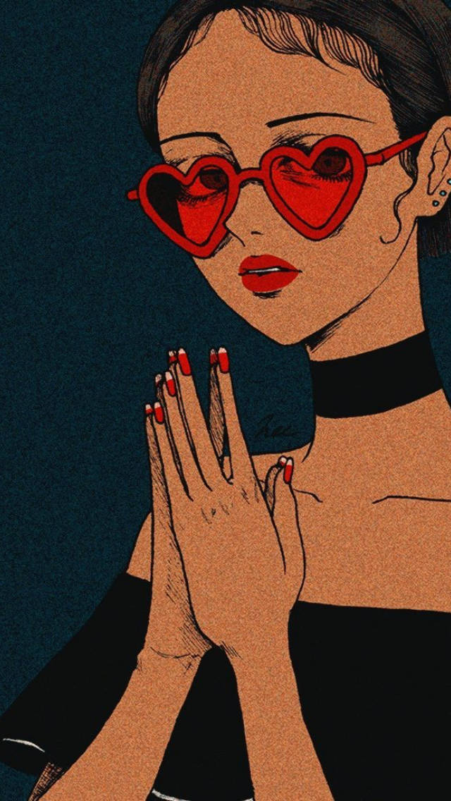 藝術 桌布 壁紙 — 一位風格化的女性戴著心形紅色太陽眼鏡，雙手合十，背景為深藍色紋理。