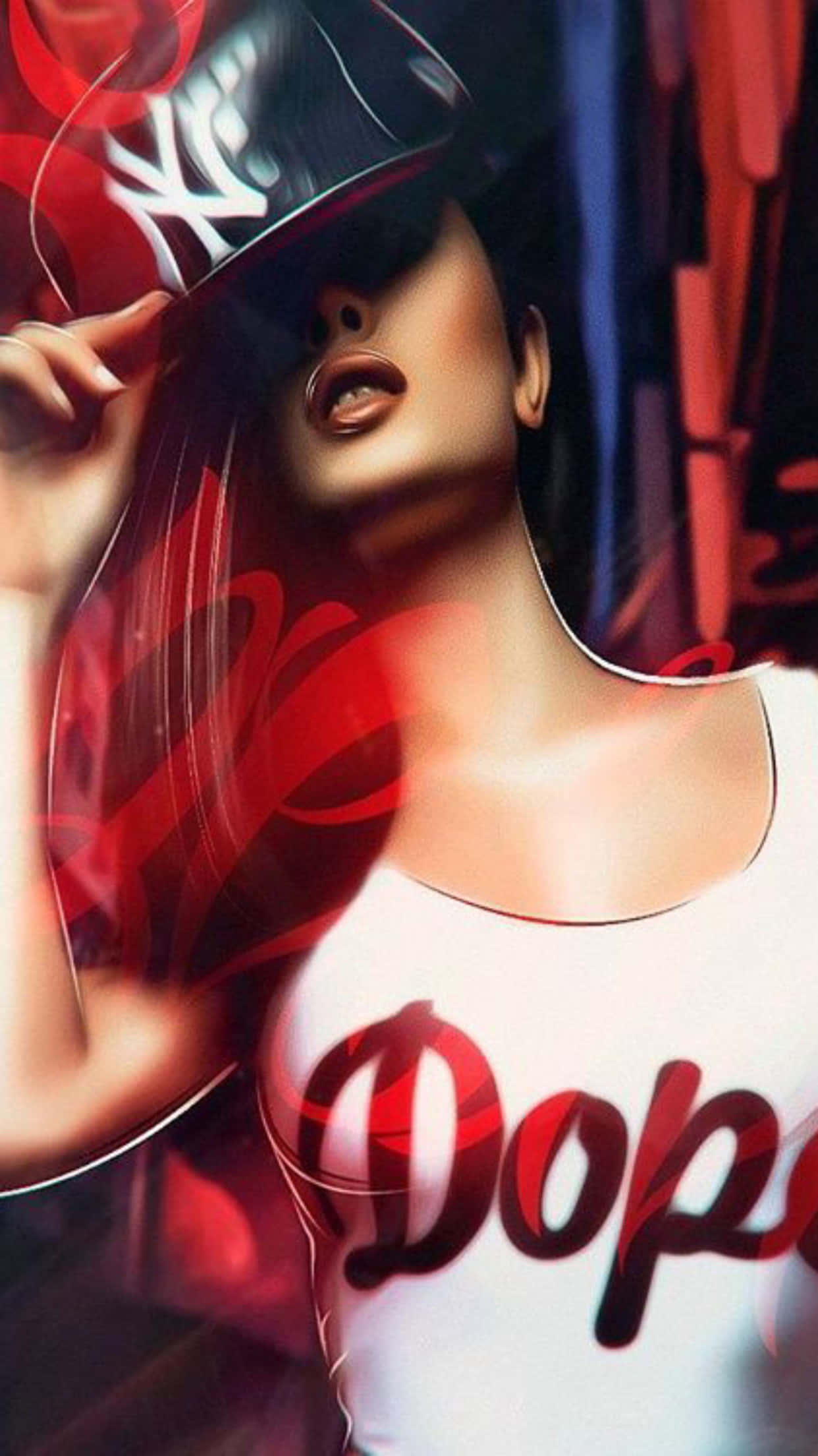 Woman 桌布 壁紙 — 一位風格化的女性戴著棒球帽和穿著「Dope」背心，在充滿活力的紅色抽象背景前擺姿勢。