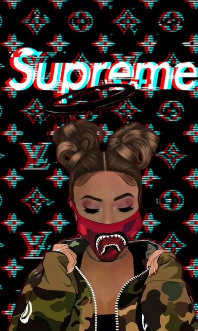 supreme 桌布 壁紙 — 一位風格化的女性戴著鯊魚嘴口罩和雙丸子頭，站在帶有故障效果的LV圖案背景前，上面有'Supreme'文字。