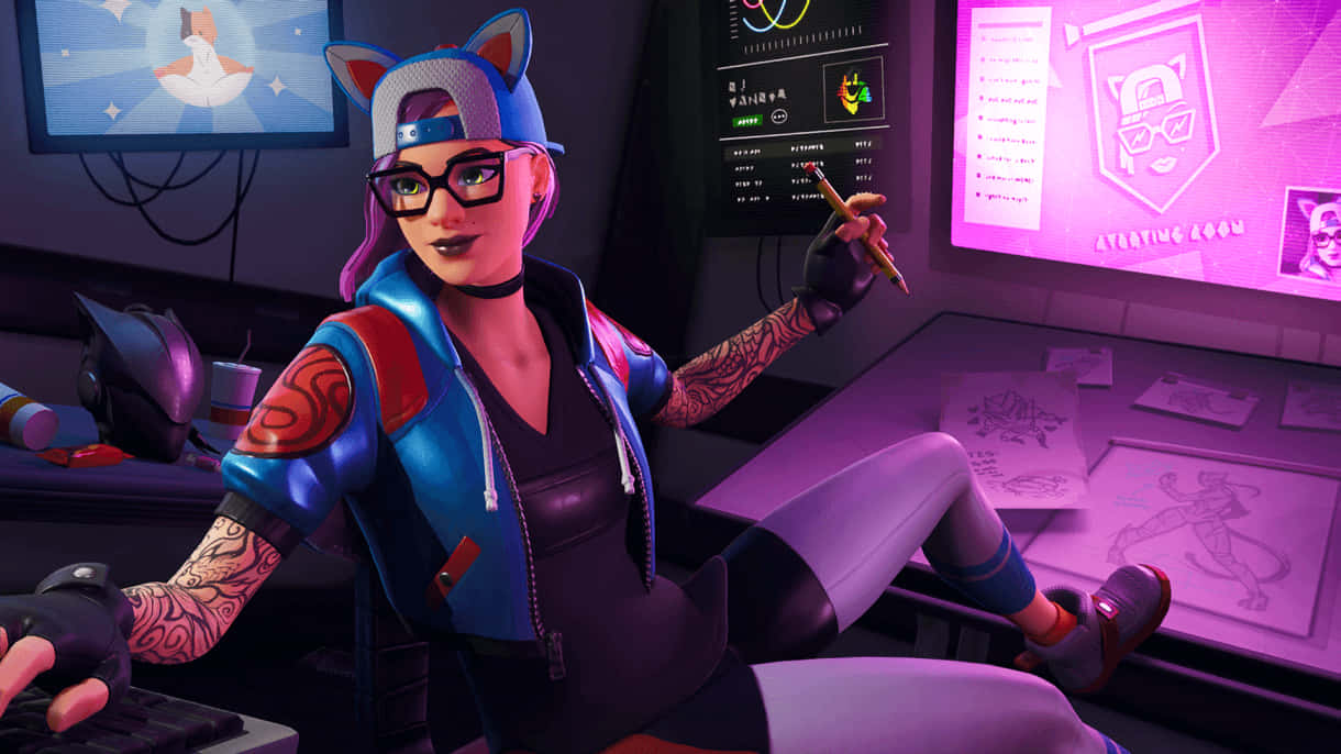 Fortnite Xbox 桌布 壁紙 — 一位風格化的女性玩家，帶有貓耳和刺青，坐在霓虹燈照亮的遊戲設置中，在周圍環繞著發光螢幕的桌子上素描設計。
