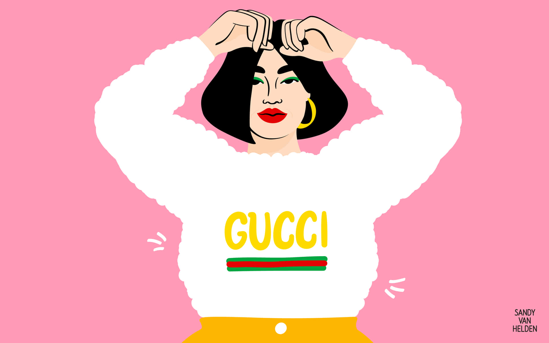穿著Gucci毛衣的女性在粉色背景上整理頭髮 — Gucci GIF 壁紙