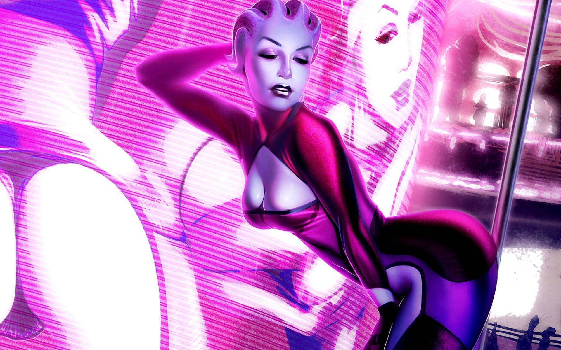 Mass Effect 3 桌布 壁紙 — 一位風格化的女性穿著緊身紅色服裝，在充滿活力的粉紅和紫色霓虹燈背景前自信地擺姿勢，帶有動態模糊效果。