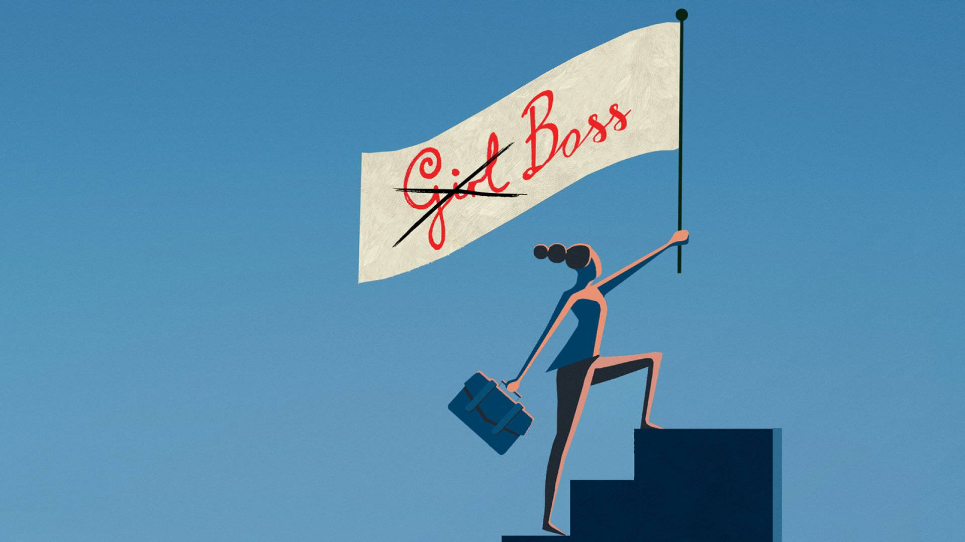boss 桌布 壁紙 — 一位風格化的女性站在基座上，手持一面寫有「Girl Boss」並被劃掉的旗幟，象徵重新定義的領導身份。