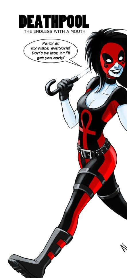 Lady Deadpool 桌布 壁紙 — 一位風格化的女性超級英雄，身穿紅黑服裝和面具，手持鉤子，露出頑皮的笑容。