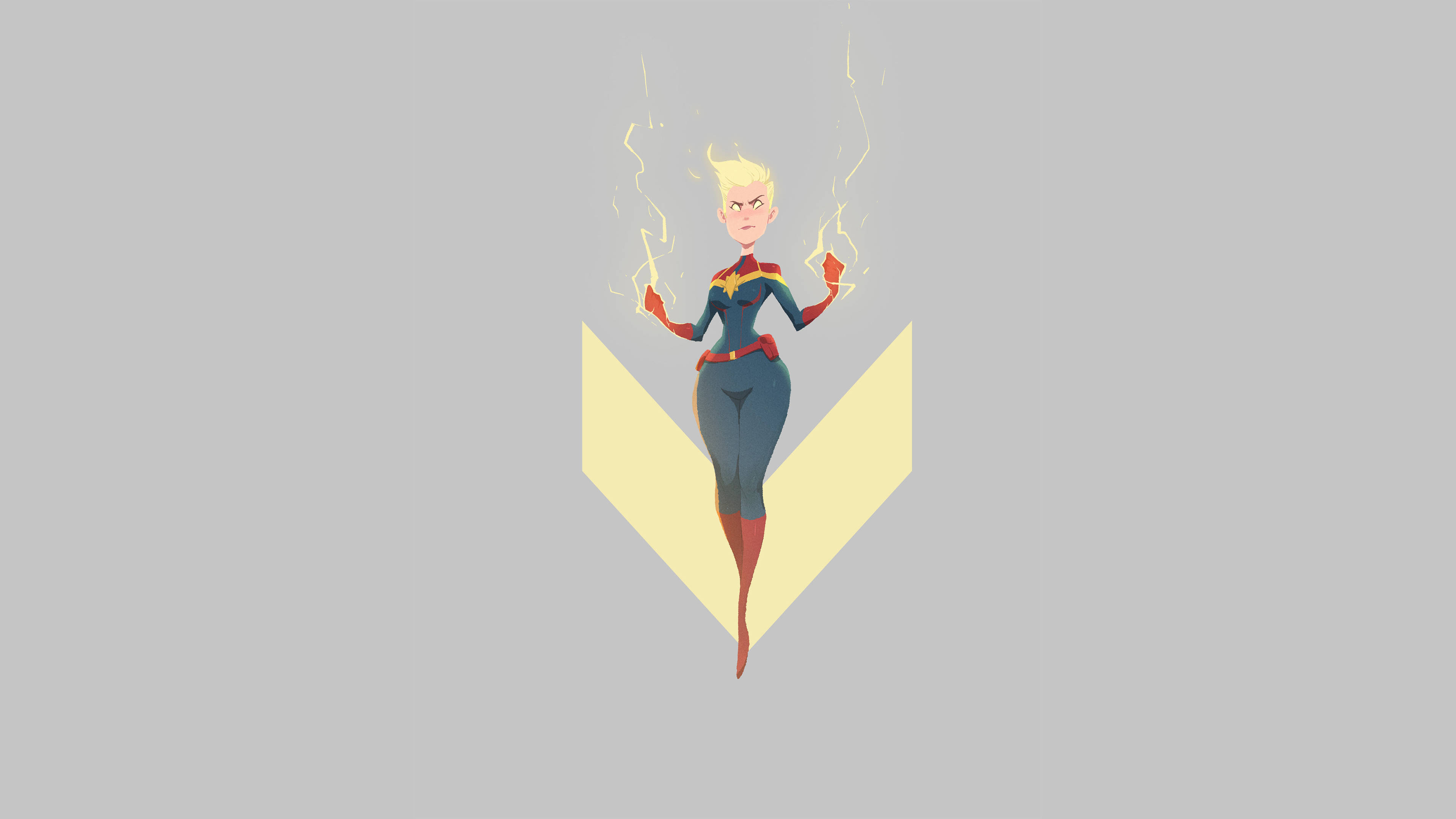 Marvel Minimalist 桌布 壁紙 — 一位風格化的女性超級英雄，金髮，雙手發光，自信地站在純灰色背景前。