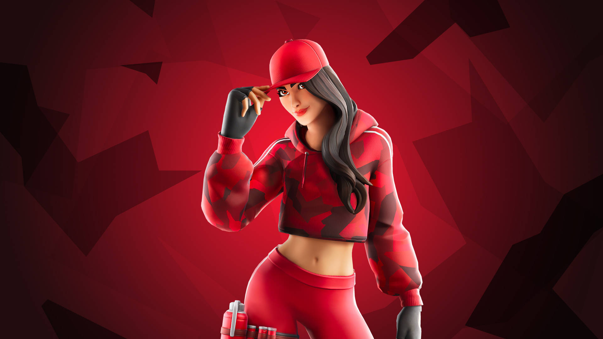 Ruby 桌布 壁紙 — 一位風格化的女性遊戲玩家，身穿紅色迷彩連帽衫和帽子，在幾何紅色背景前自信地擺姿勢。