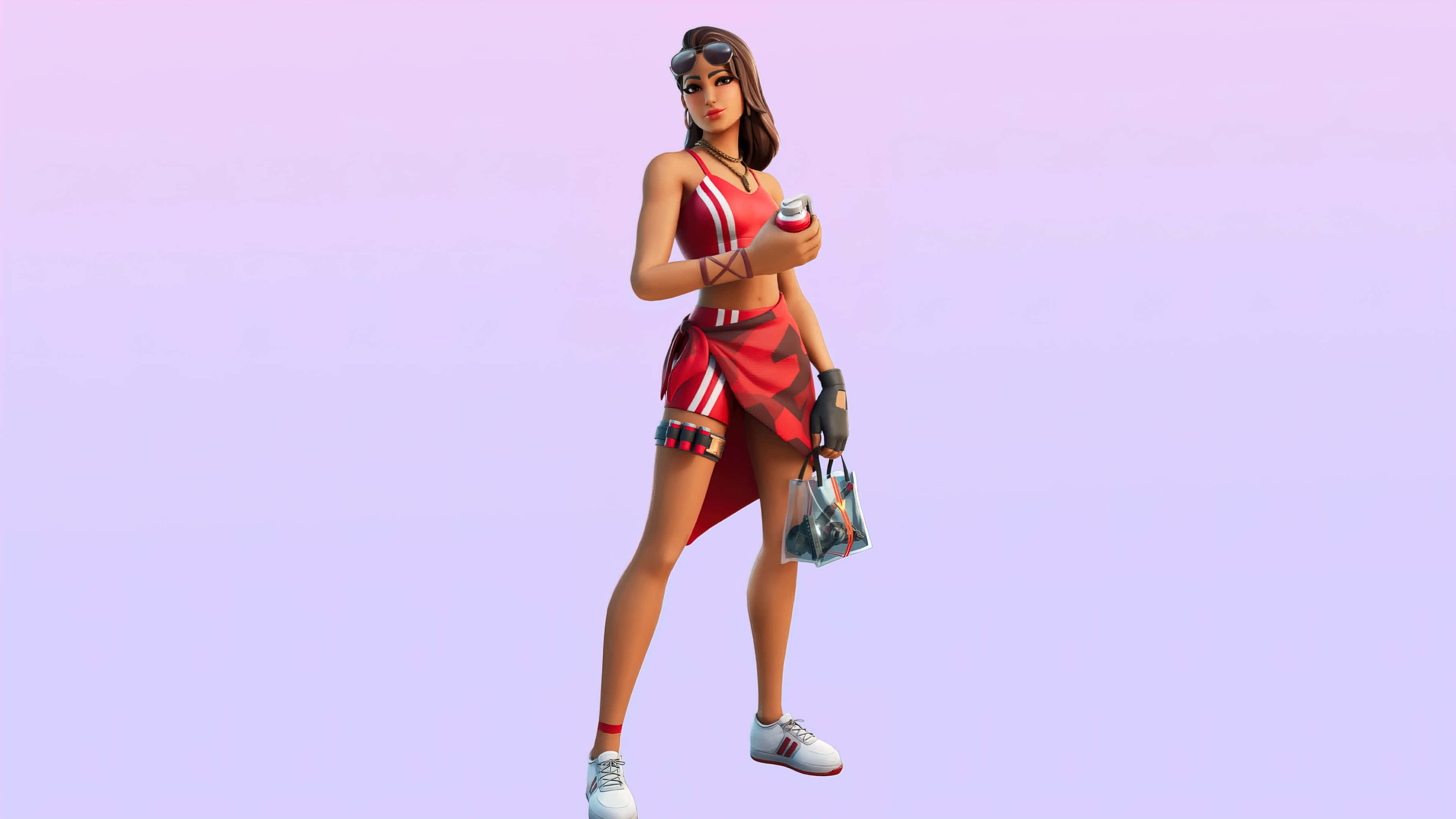 Ruby Fortnite Skin 桌布 壁紙 — 一位風格化的女性遊戲玩家穿著紅色運動服，在柔和的薰衣草背景前拿著飲料和包包。