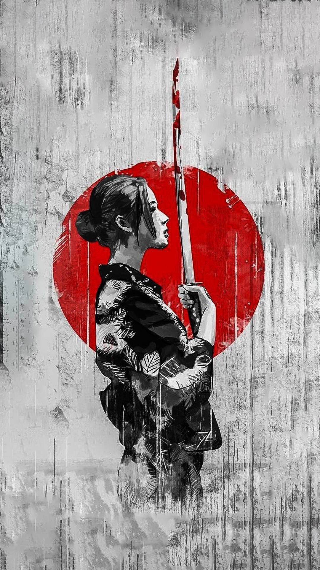 Samurai Art 桌布 壁紙 — 一位風格化的女戰士穿著傳統服飾，在風化的灰色背景上，手持劍對著一個大膽的紅色圓圈。