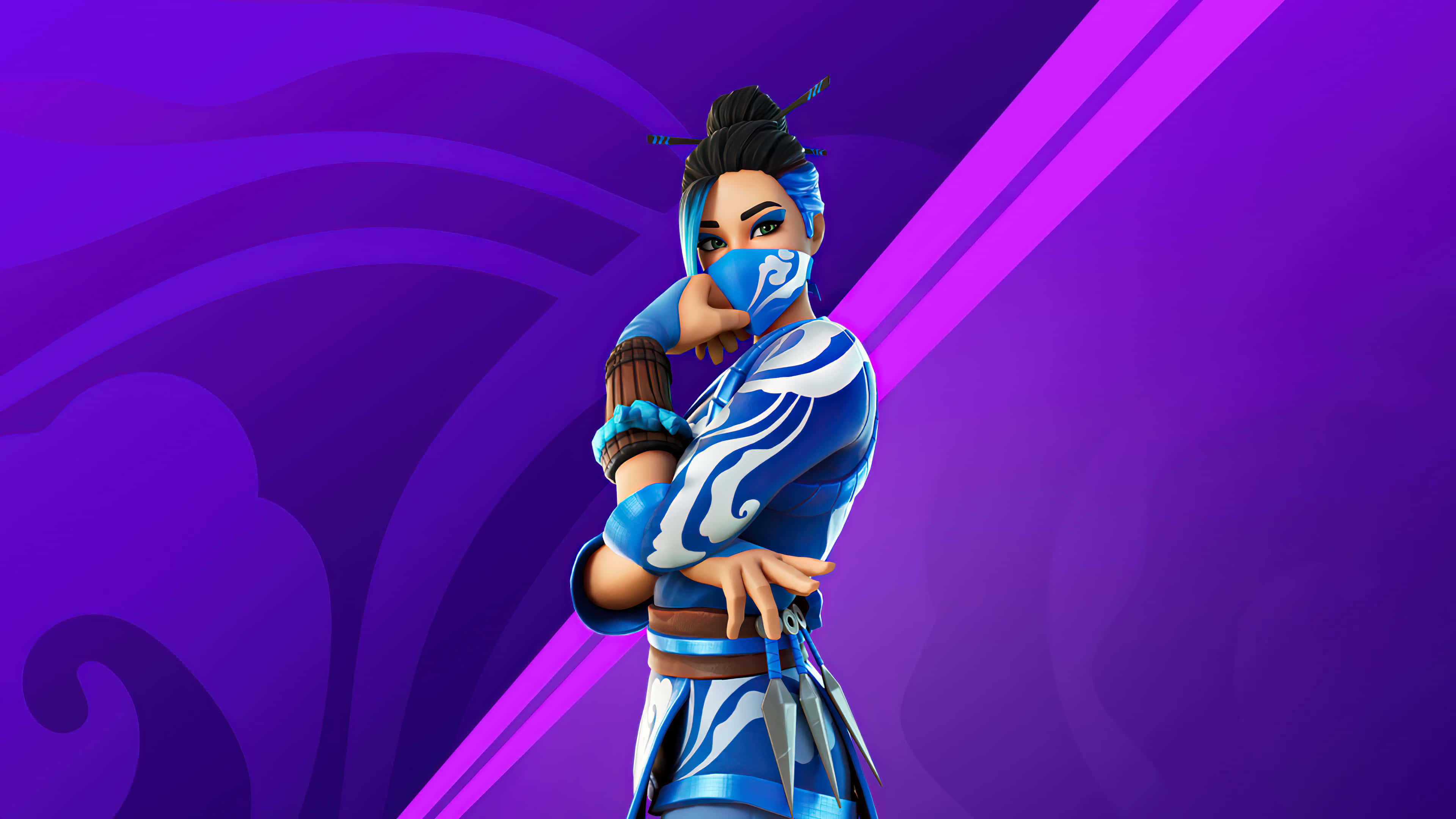 Fortnite 桌布 壁紙 — 一位風格化的女戰士穿著藍白忍者服裝，自信地站在充滿活力的紫色抽象背景前。