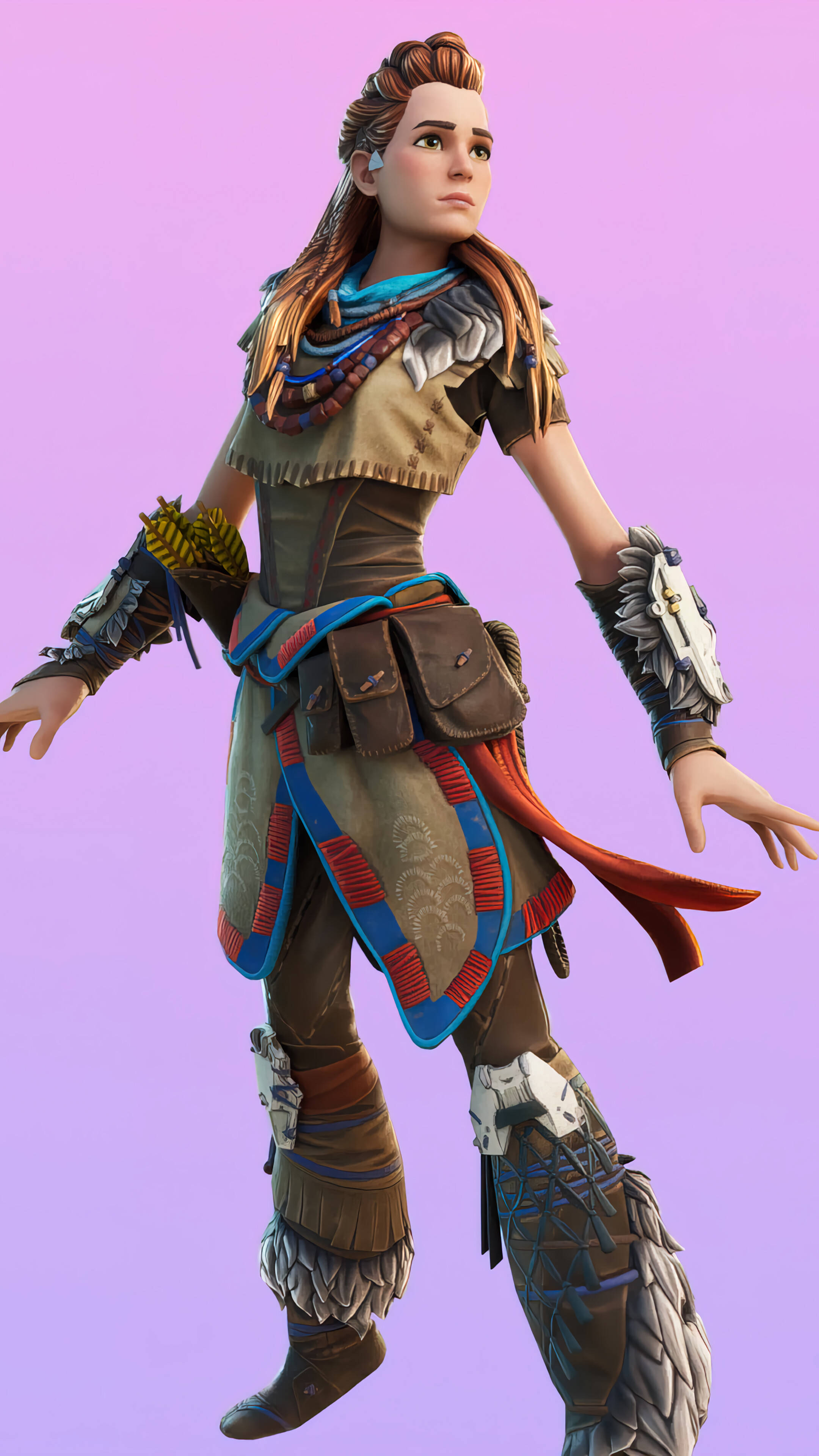 Fortnite 造型 桌布 壁紙 — 一位風格化的女戰士身穿部落盔甲，在柔和的紫色背景前蓄勢待發。