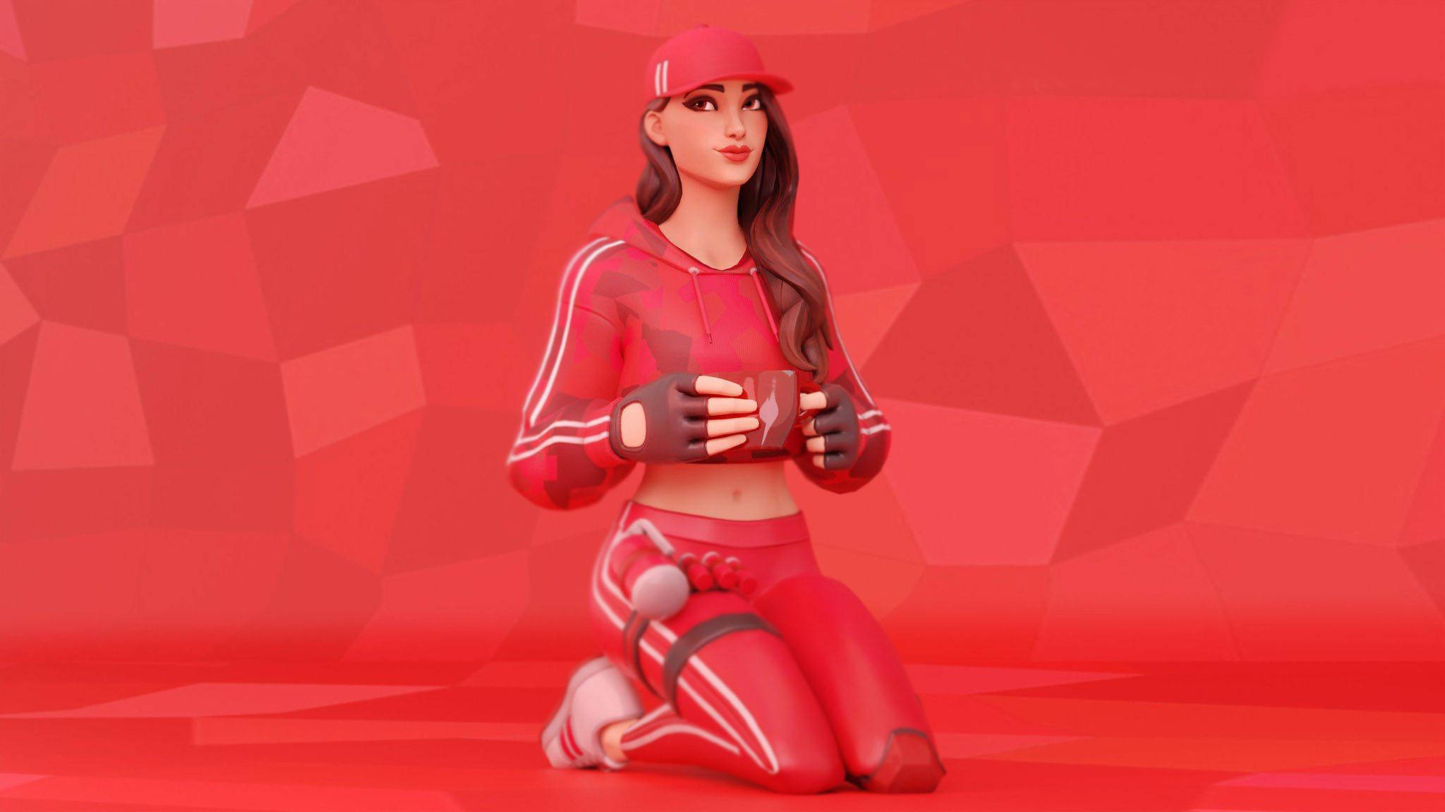 Ruby 桌布 壁紙 — 一位風格化的女運動員穿著紅色運動服，跪著拿著杯子，背景是幾何紅色圖案。