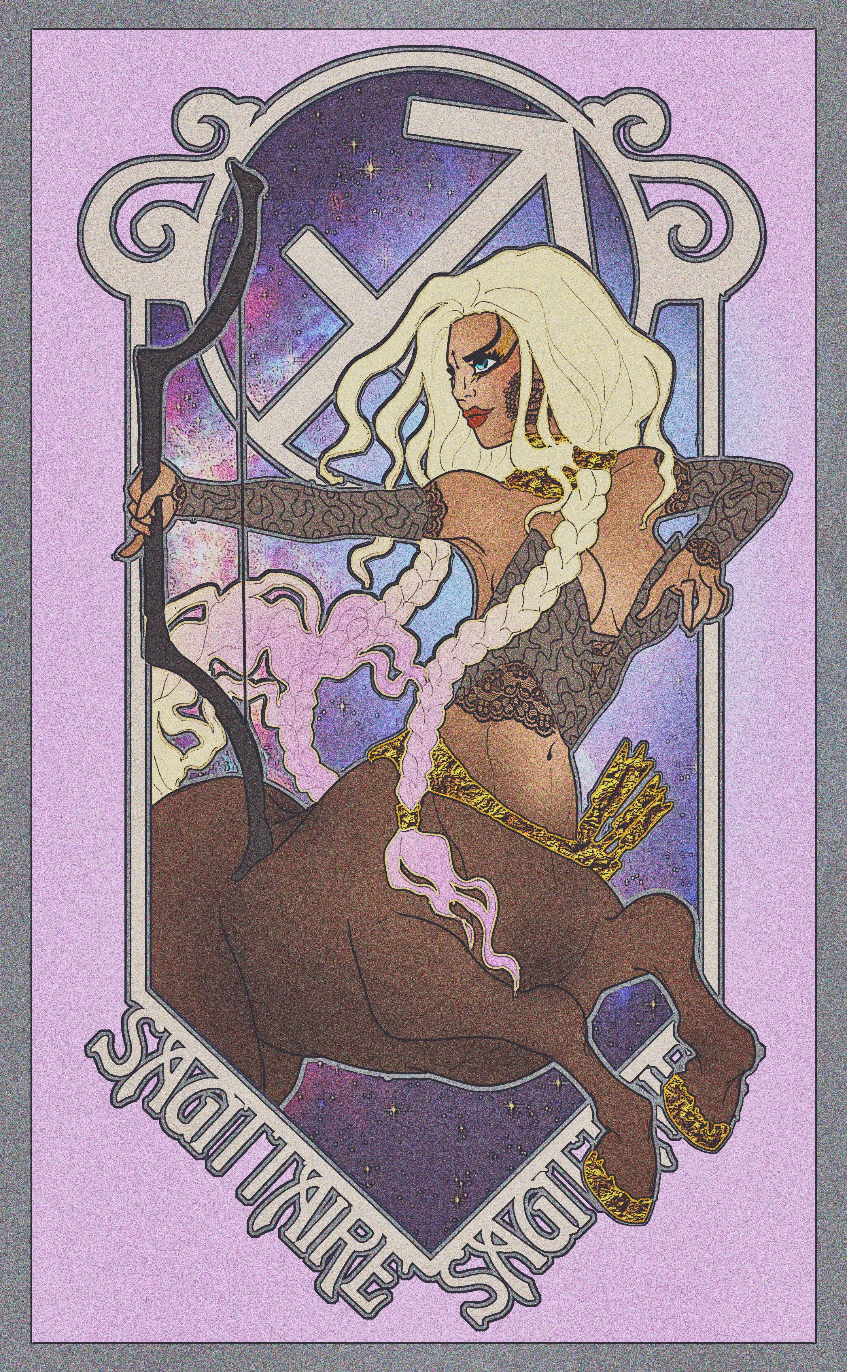 Sagittarius Zodiac 桌布 壁紙 — 一位風格化的弓箭女神，擁有長長的金髮和半人馬身體，在裝飾性銀色邊框環繞的星空紫色天空中瞄準弓箭。