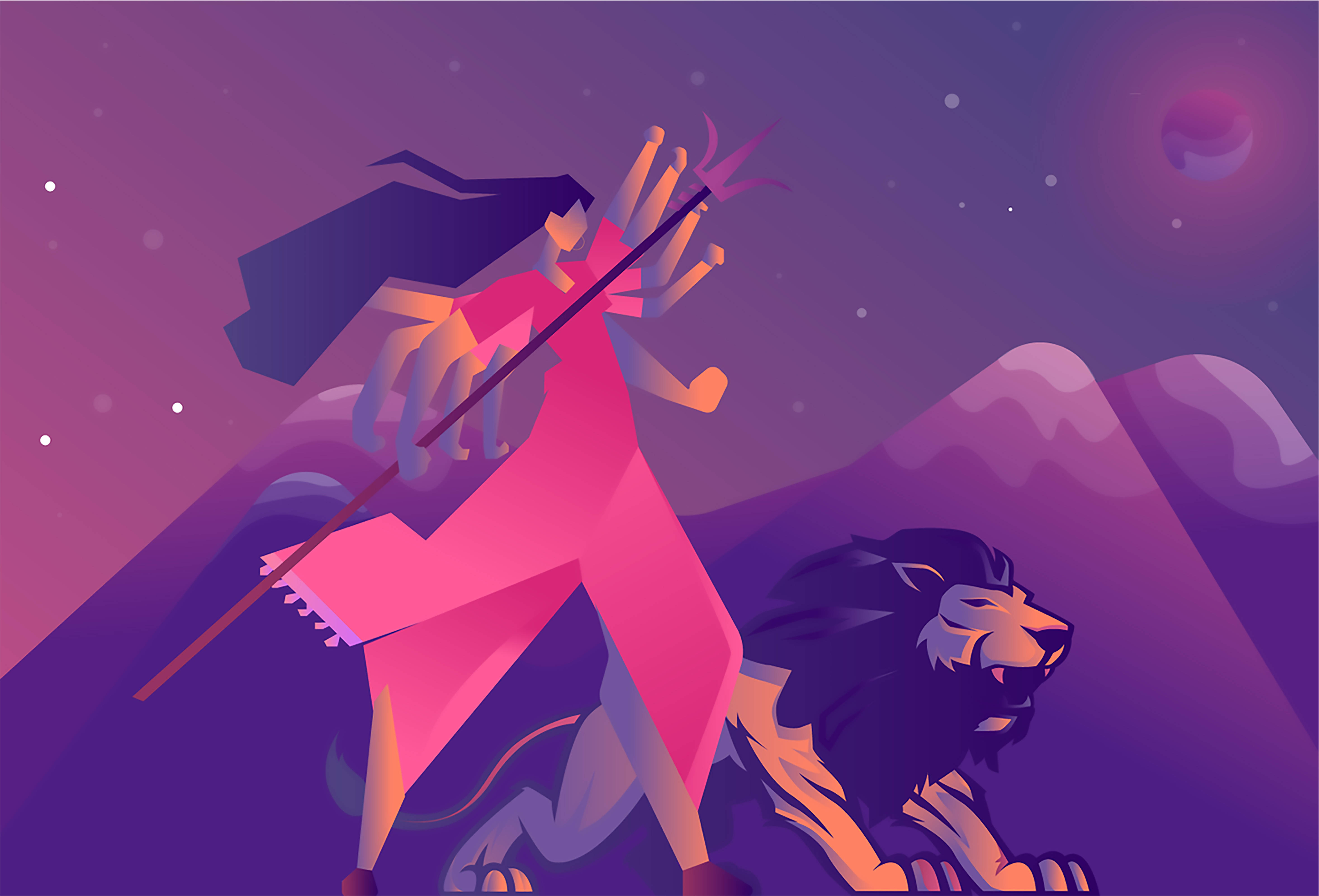 Durga 桌布 壁紙 — 一位風格化的戰士身穿粉紅色盔甲揮舞長矛，一頭獅子蹲伏在她身旁，背景是星光燦爛的紫色山脈。