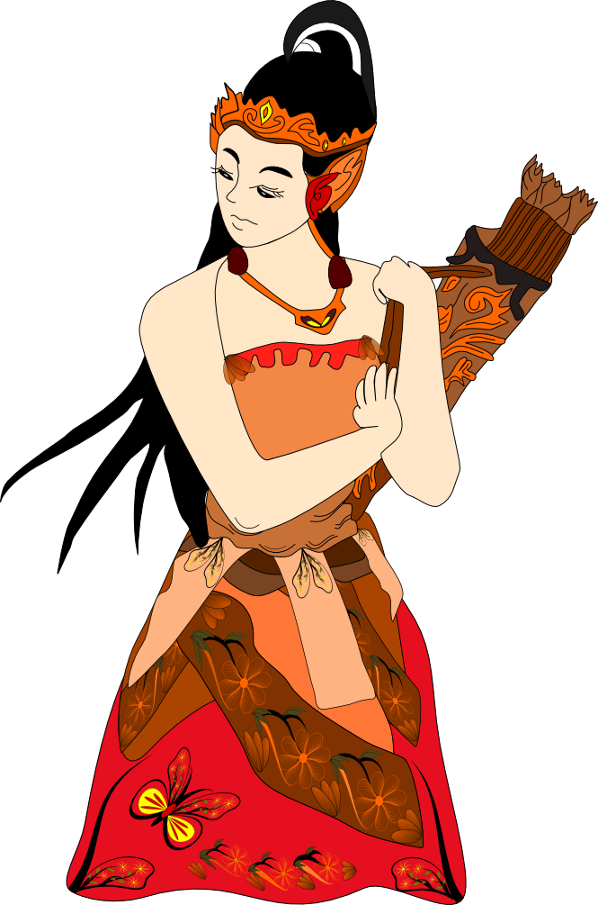 Wayang 桌布 壁紙 — 一位風格化的插圖女性，穿著華麗的紅色和棕色服飾，在黑色背景前手持裝飾杖。