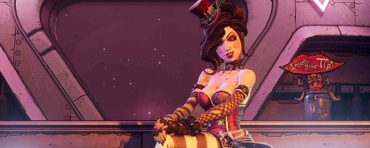 Borderlands Characters 桌布 壁紙 — 一位風格化的插畫女侍應戴著高帽和束腰，倚靠在星際飛船的欄杆上，背景是滿天星斗的紫色天空。