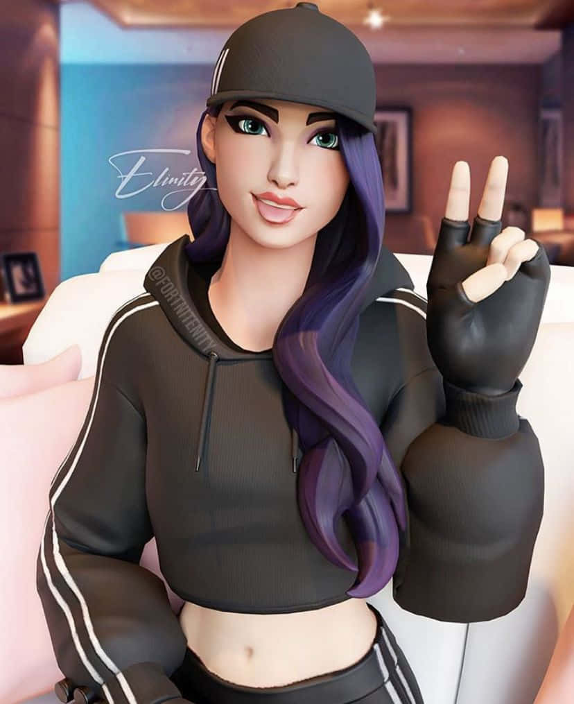 Ruby Fortnite Skin 桌布 壁紙 — 一位風格化的數位女孩，紫色頭髮和黑色帽子，在舒適的休息室內坐著做出和平手勢。