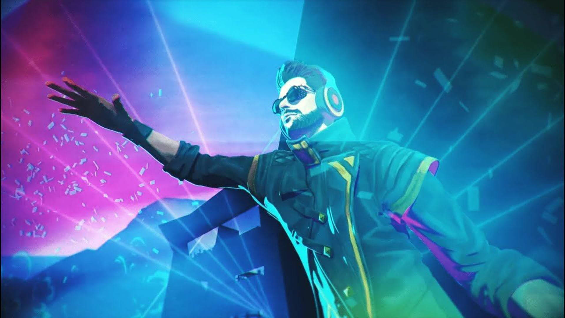 dj alok free fire 桌布 壁紙 — 一位風格化的數位藝術家穿著未來風格的夾克和耳機，在充滿活力的霓虹粉紅和藍色雷射燈光下跳舞。