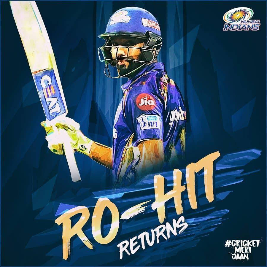 Mumbai Indians 桌布 壁紙 — 一位風格化的數位藝術板球運動員穿著孟買印第安人隊裝備，在深藍色幾何背景前手持球棒，並有粗體文字宣示「RO-HIT RETURNS」。