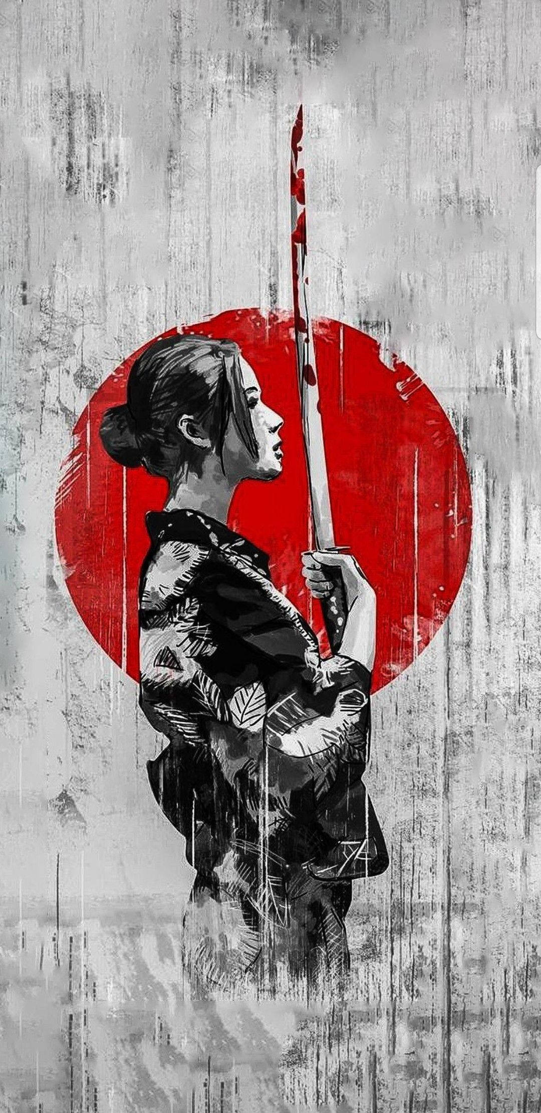 Geisha 桌布 壁紙 — 一位風格化的武士女性穿著和服，手持劍，對著一個大膽的紅色圓圈，背景是風化的灰色。