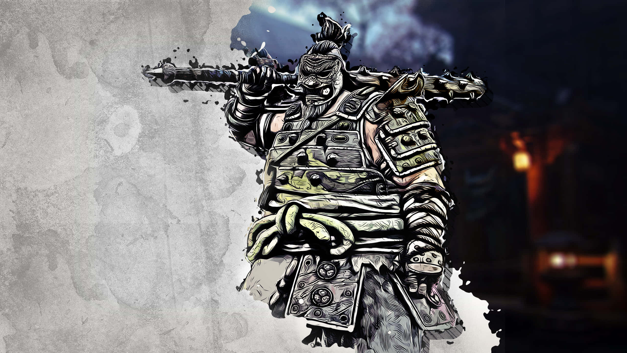 Female Samurai For Honor 桌布 壁紙 — 一位風格化的武士穿著華麗盔甲，在粗糙紋理背景中揮舞帶刺武器，伴隨著發光的燈籠。