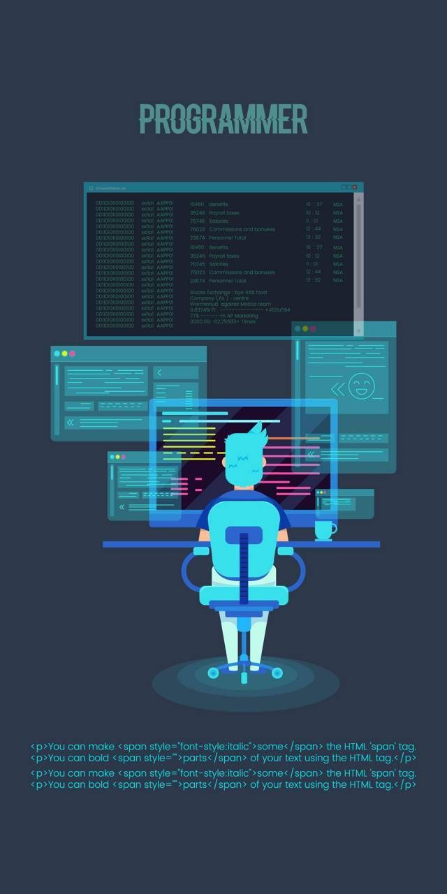 programming iPhone 桌布 壁紙 — 一位風格化的程式設計師坐在辦公桌前，周圍環繞著發光的程式碼視窗，處於黑暗的數位工作空間中。