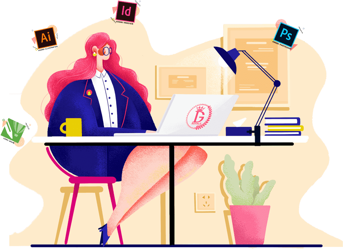 graphic design 桌布 壁紙 — 一位風格化的粉紅髮女性在辦公桌前工作，周圍環繞著設計軟體圖標和一盆仙人掌。
