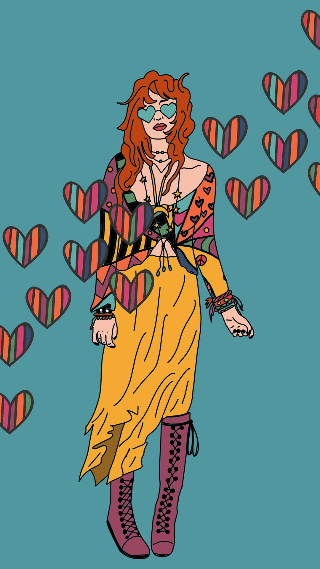Hippie Aesthetic 桌布 壁紙 — 一位風格化的紅髮女性戴著心形太陽眼鏡，站在青綠色背景上漂浮的條紋心形之間。