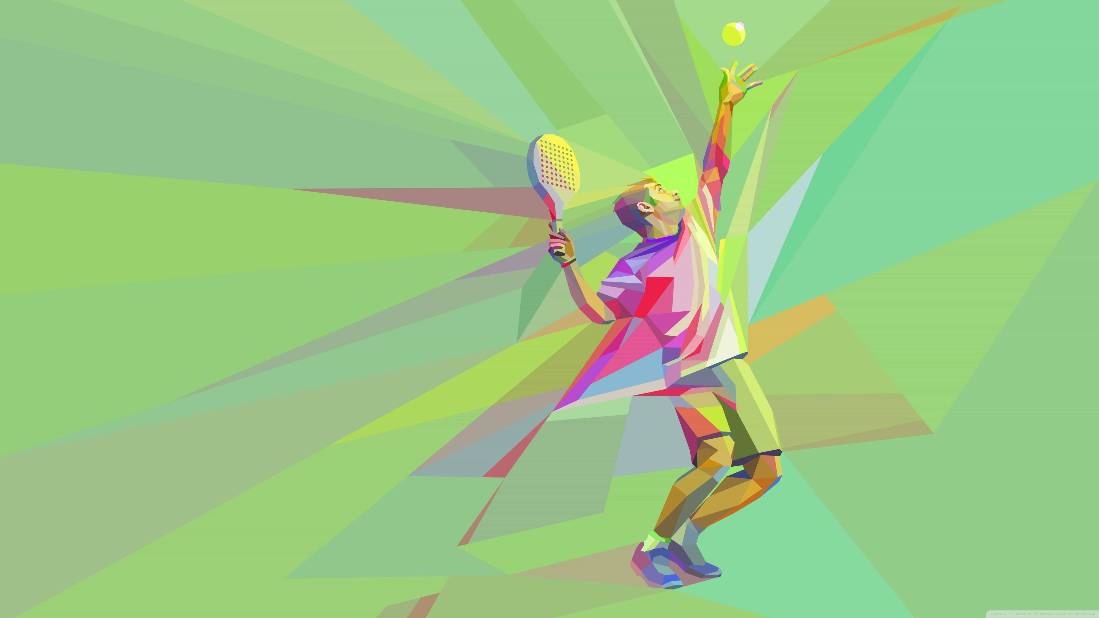 Tennis 桌布 壁紙 — 一位風格化的網球選手以鮮豔的幾何色彩跳躍擊打黃色球，背景是明亮的綠色。