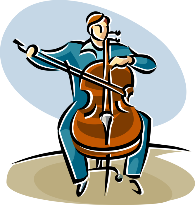 cello 桌布 壁紙 — 一位風格化的藍色音樂家在柔和的藍色橢圓形背景上以動態線條演奏大提琴。