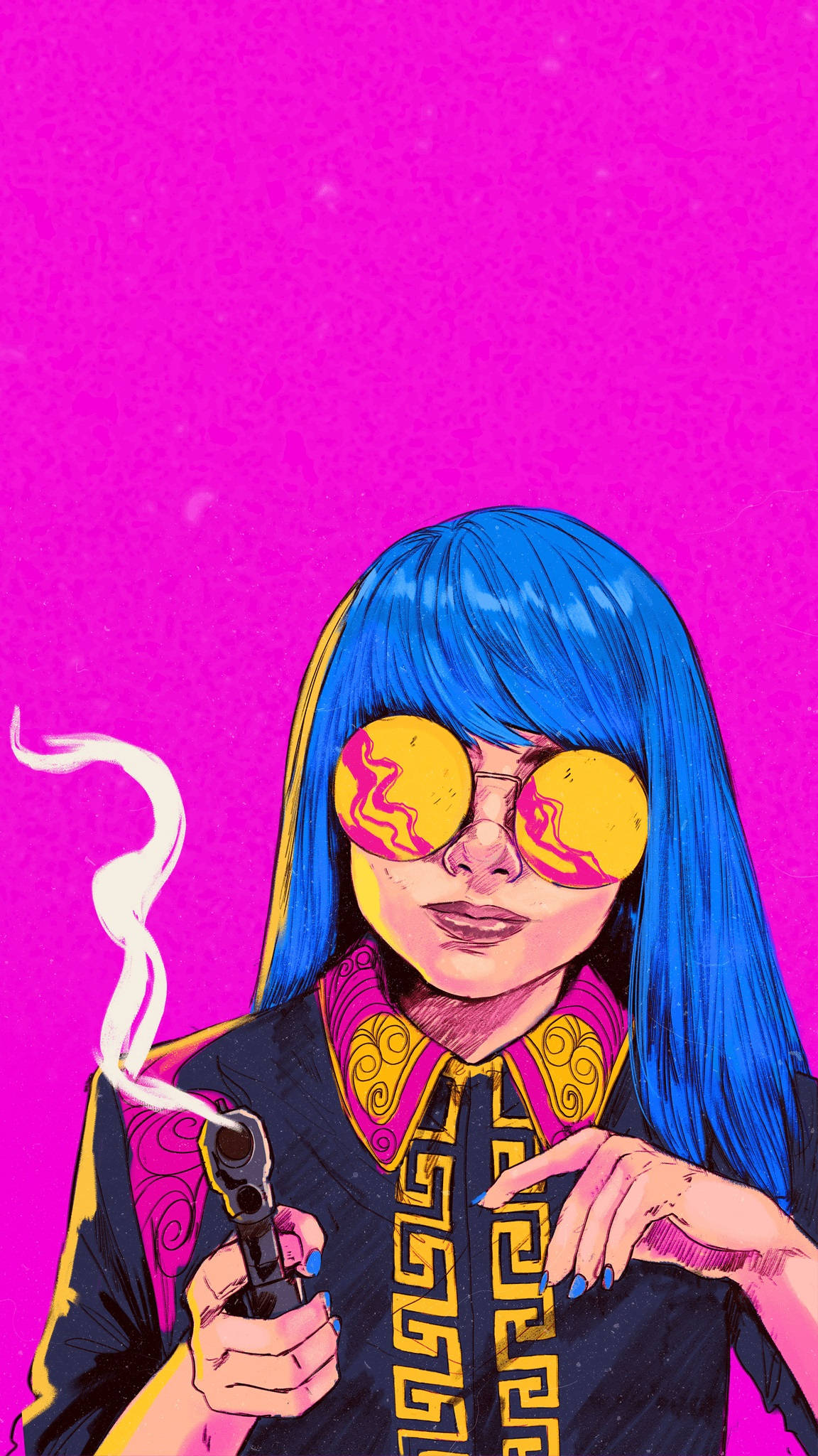 Aesthetic Anime Phone 桌布 壁紙 — 一位風格化的藍髮女性戴著迷幻太陽眼鏡，在充滿活力的粉紅色背景前抽煙。