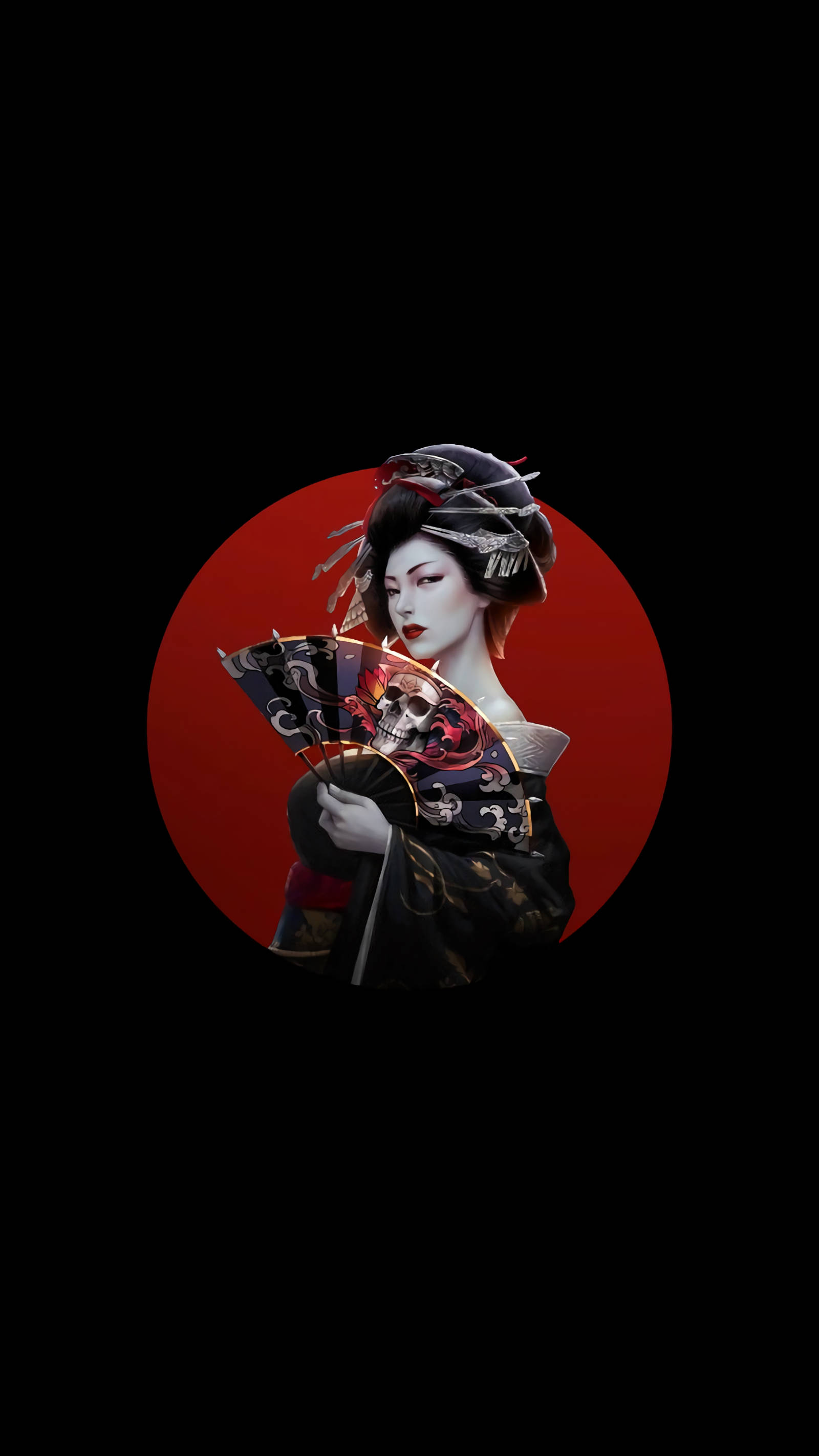 AMOLED 桌布 壁紙 — 一位風格化的藝妓，化著深色妝容，戴著華麗的頭飾，手持一把帶有骷髏圖案的扇子，背景是鮮紅色的圓形。