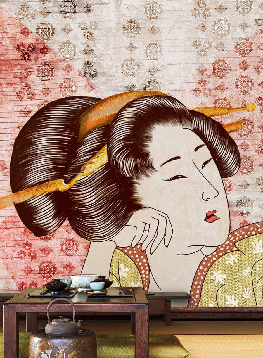 Geisha 桌布 壁紙 — 一位風格化的藝妓，擁有精緻的頭髮和紅唇，將下巴擱在手上，旁邊是木桌上的一套茶具。