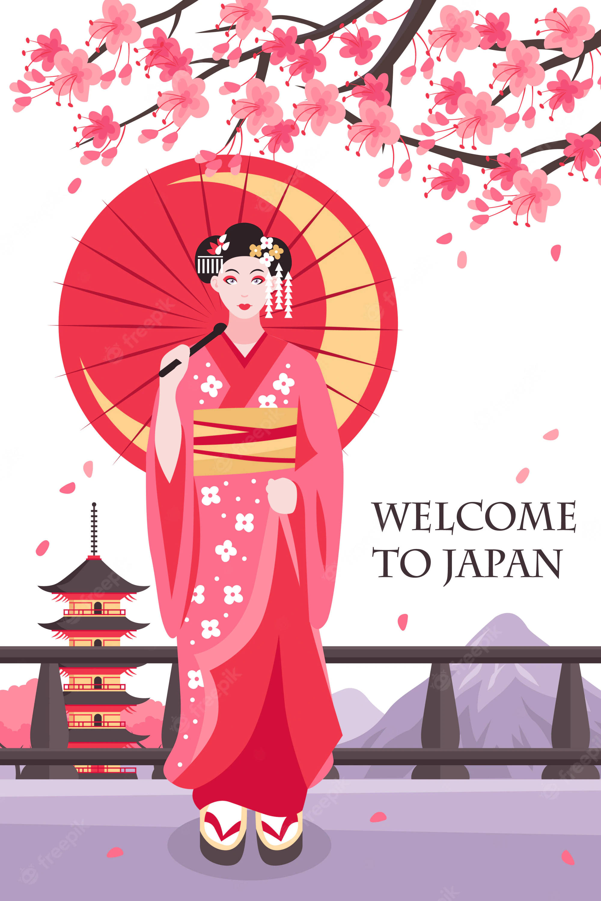 Geisha 桌布 壁紙 — 一位風格化的藝妓穿著粉紅色和服，在櫻花下拿著紅色陽傘，背景有寶塔和山脈。