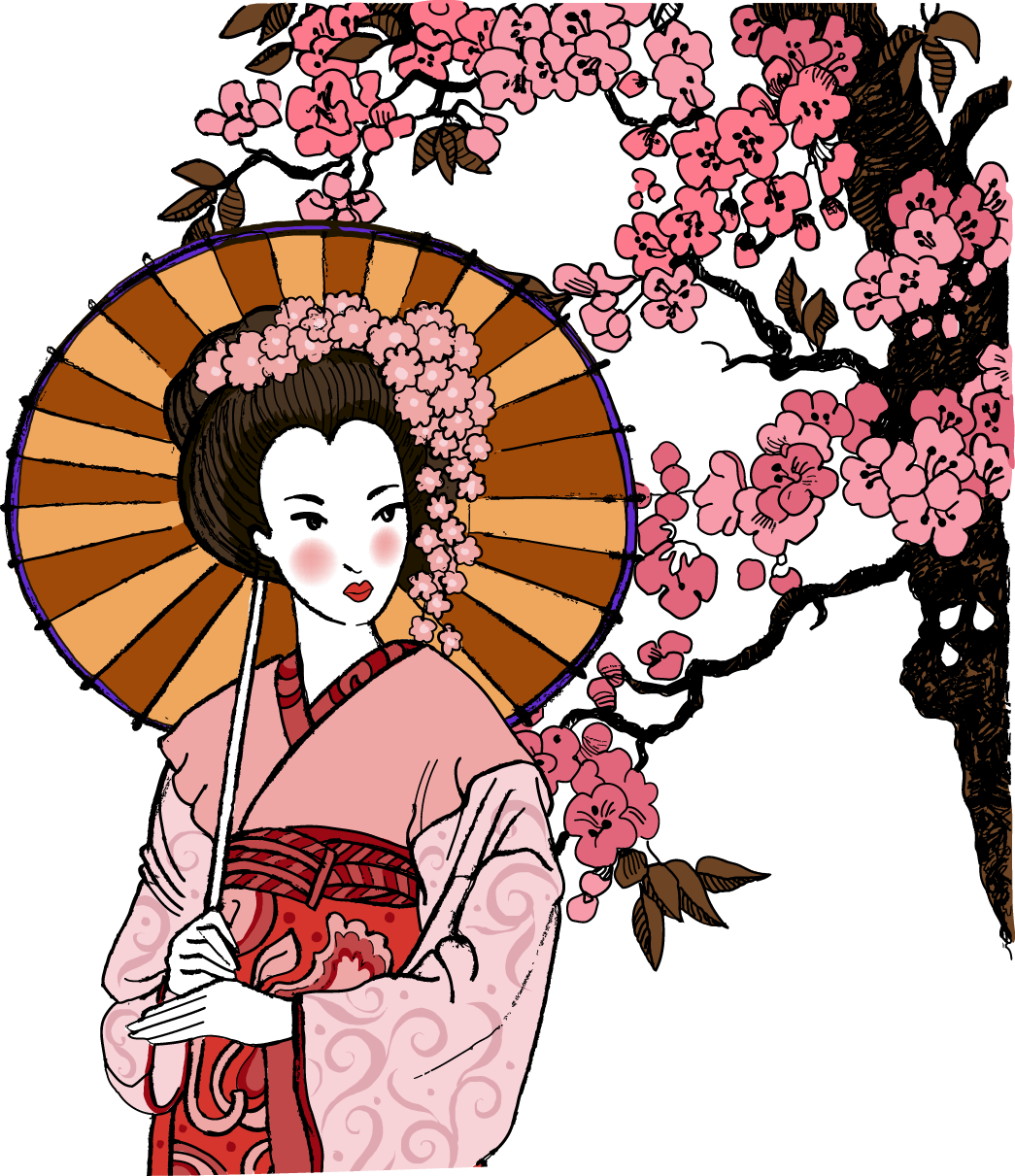 Geisha 桌布 壁紙 — 一位風格化的藝妓穿著粉紅色和服，在盛開的櫻花樹下拿著條紋陽傘，樹上開滿粉紅色的花朵。