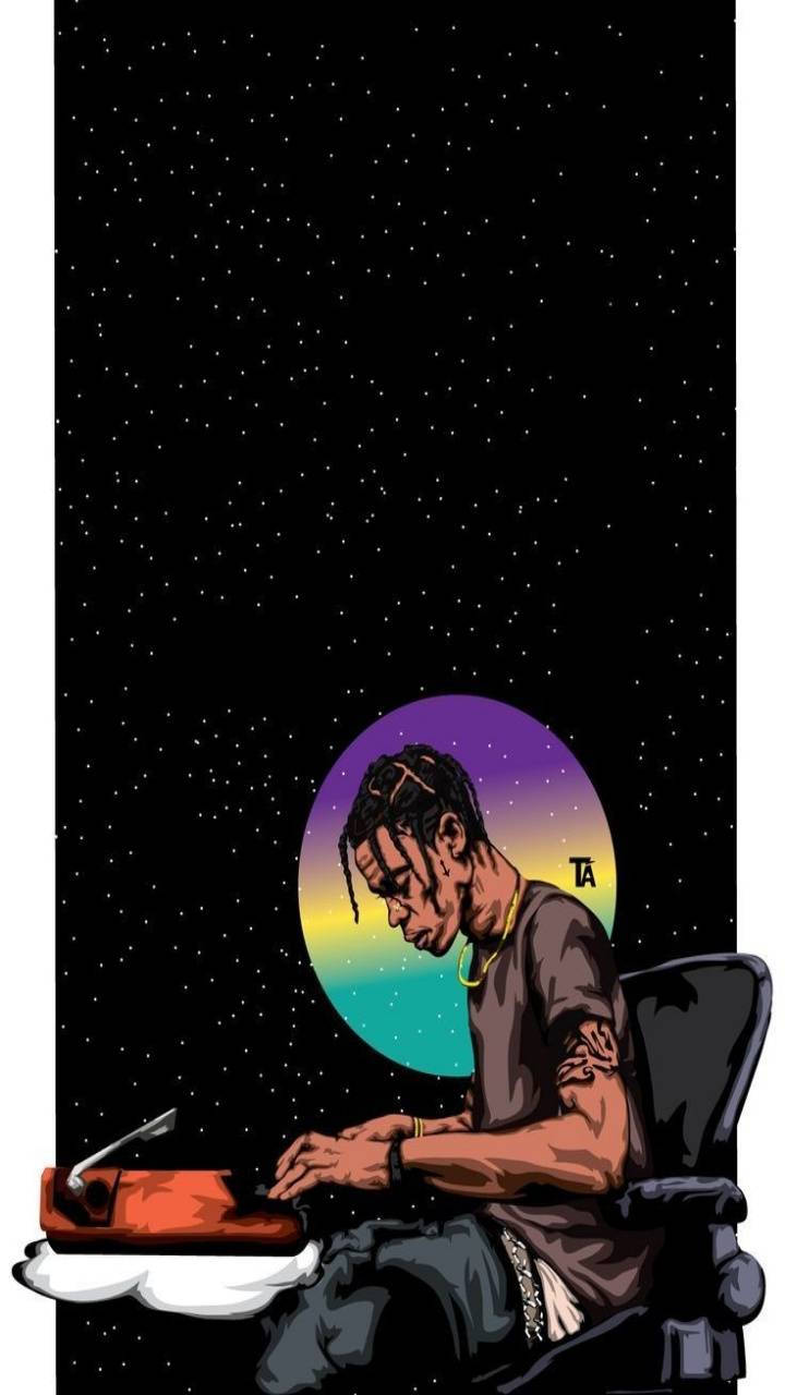 Astroworld 桌布 壁紙 — 一位風格化的藝術家坐在打字機前，背景是星空和鮮豔的彩虹月亮。