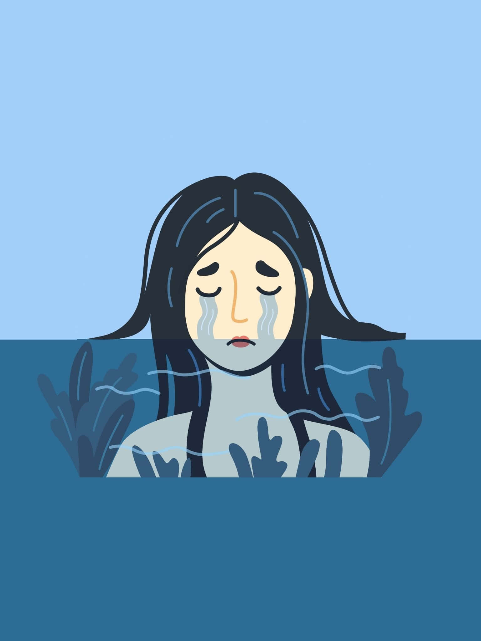 酷 桌布 壁紙 — 一位風格化的長黑髮女性沉沒在藍色水中，流下的淚水流入深處。