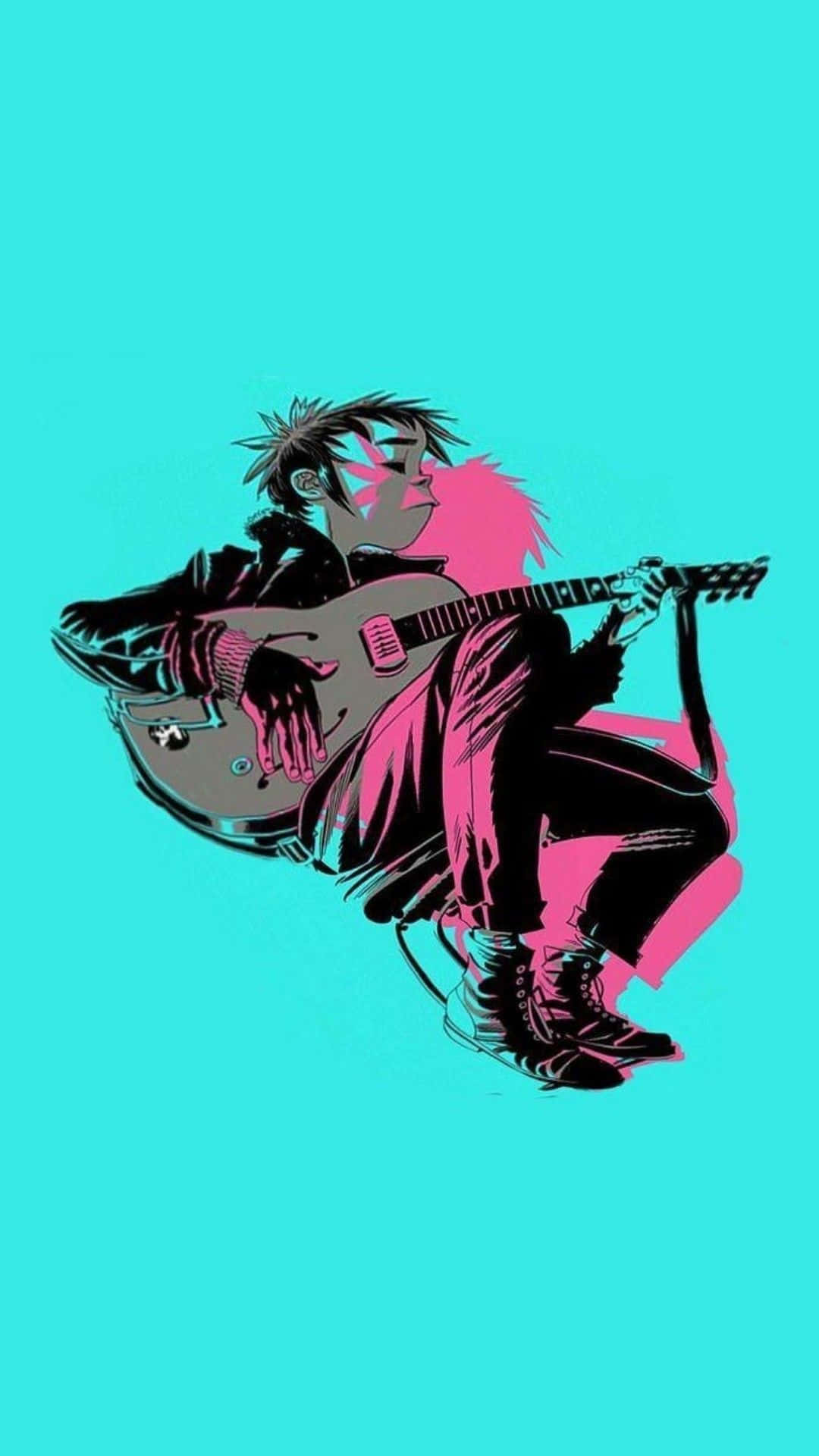 band 桌布 壁紙 — 一位風格化的音樂家，粉紅色頭髮和臉部彩繪，在充滿活力的青色背景前彈奏吉他。