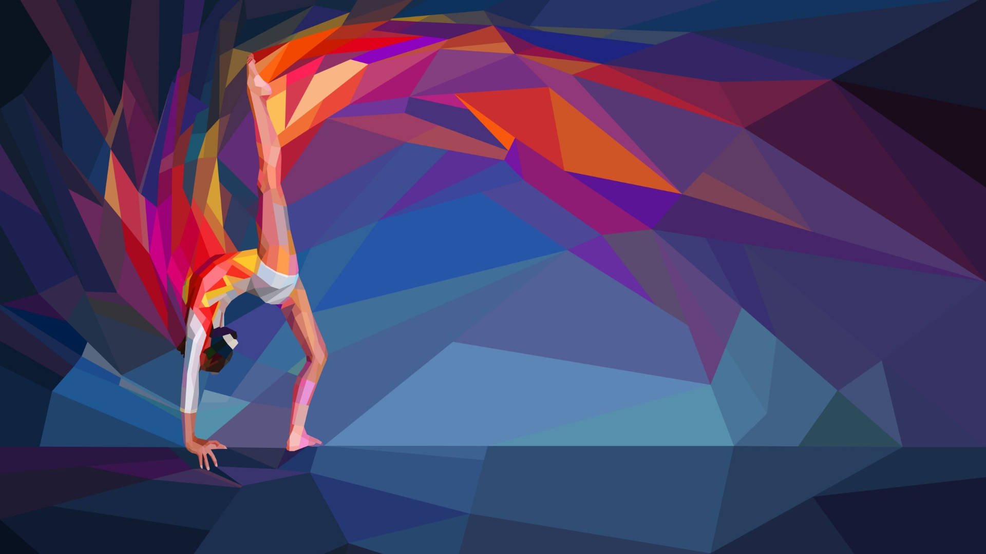 Olympics 桌布 壁紙 — 一位風格化的體操運動員在充滿活力的幾何背景（由藍色、紫色和火橙色變化）中表演倒立。