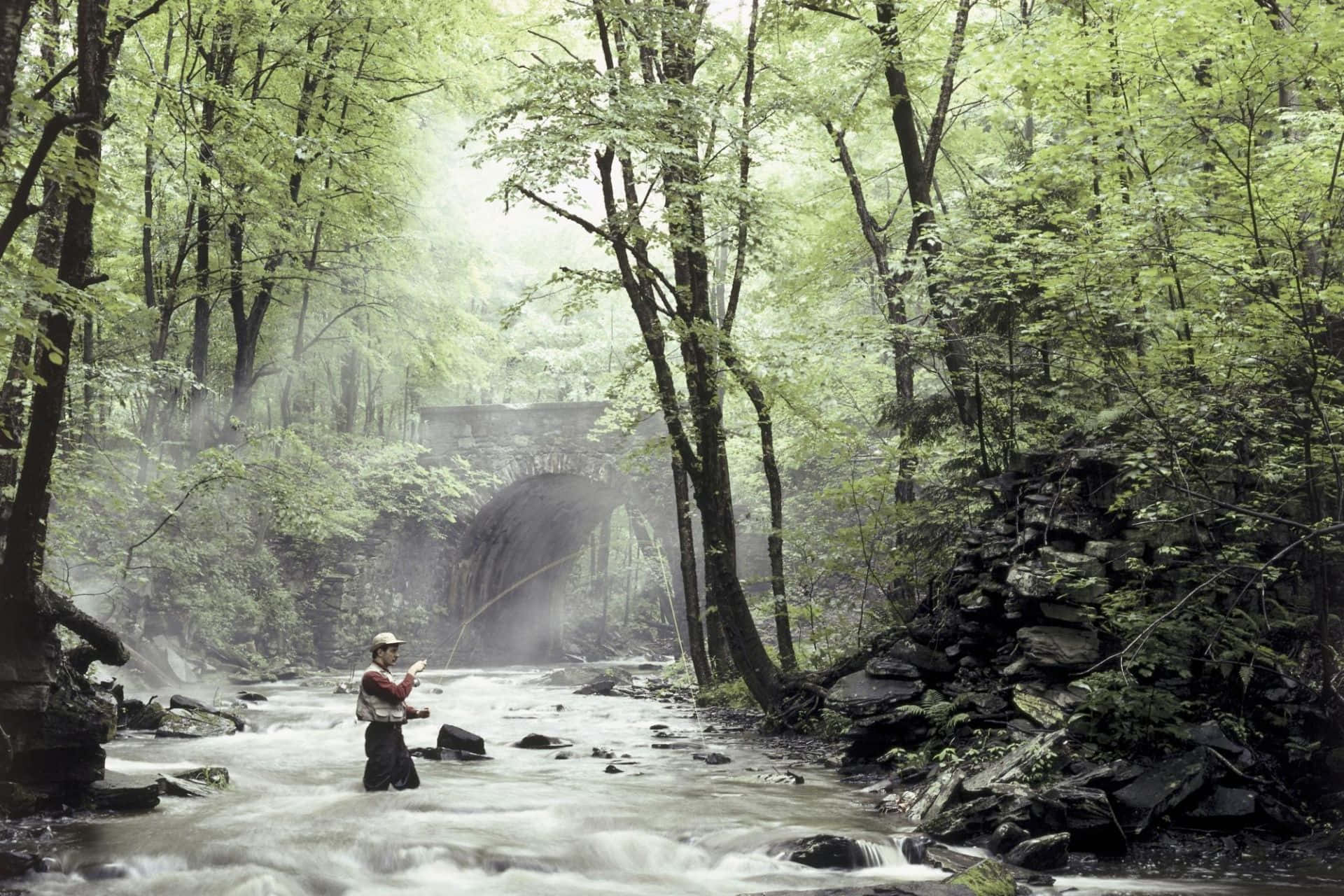 Fly Fishing 桌布 壁紙 — 一位飛蠅釣手在古老石拱橋下的迷霧森林溪流中拋線。