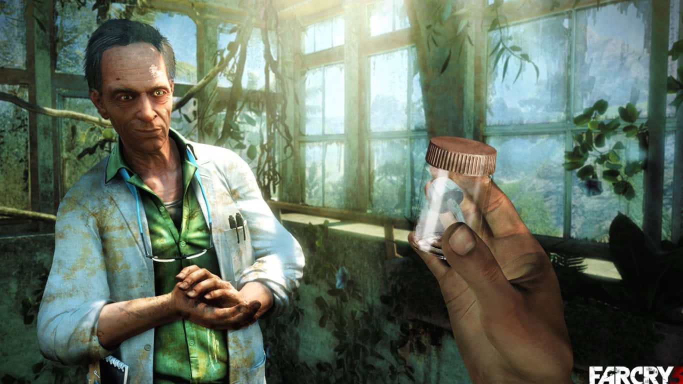 1366x768 Far Cry 3 桌布 壁紙 — 一位飽經風霜的科學家在溫室裡拿著一個小瓶，一隻手透過窗戶遞給他。