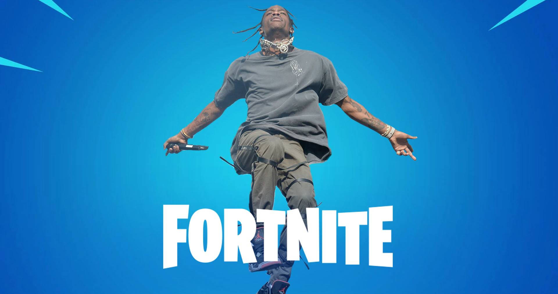 Travis Scott Fortnite 桌布 壁紙 — 一位饒舌歌手在充滿活力的藍色漸變背景上動態跳躍，下方有粗體白色Fortnite文字。